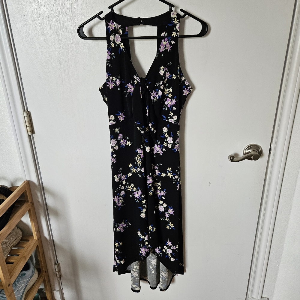 Candie's Floral Sleeveless Tie-front Black Dress